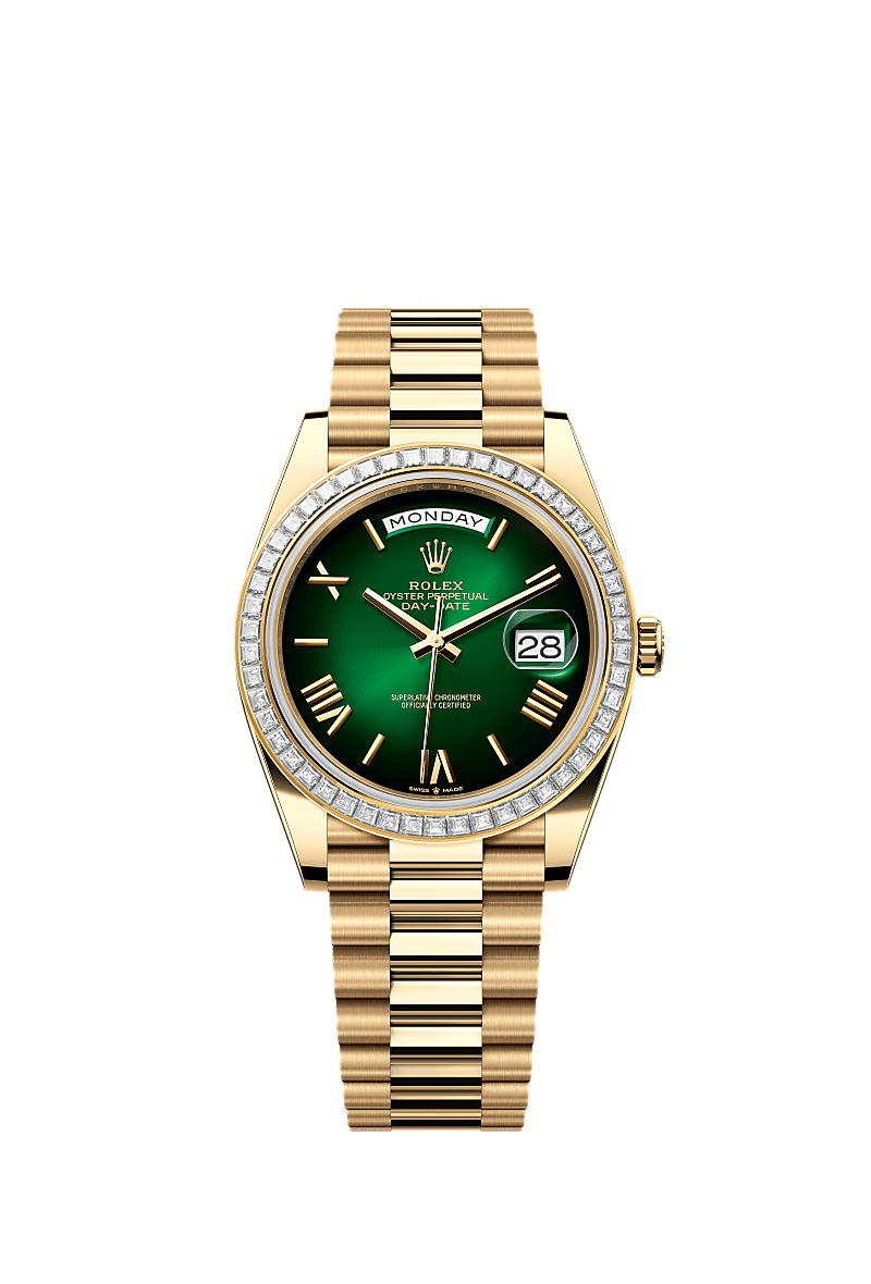 Rolex Day-Date 40 Green ombr?? Oyster, 40 mm, yellow gold and diamonds 228398TBR